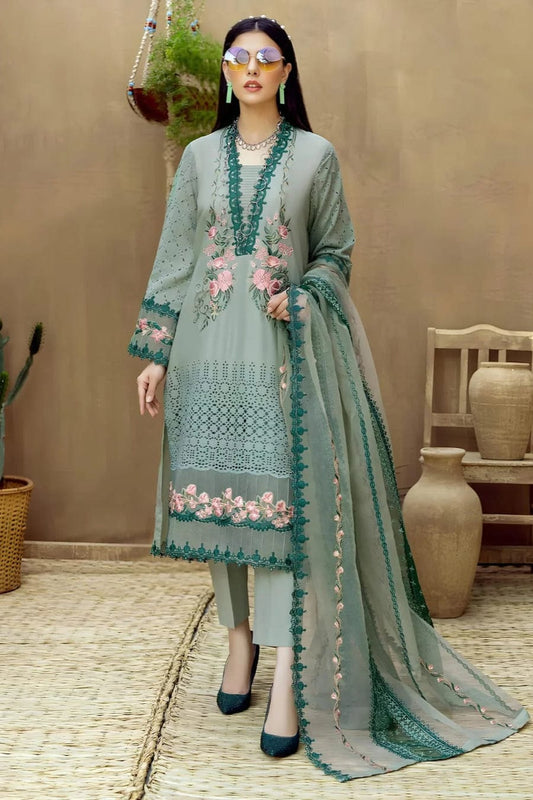 SP-LM16 Lawn Unstitched Embroidered 3pc Suit With Organza Embroidered Dupatta - Shaa Posh