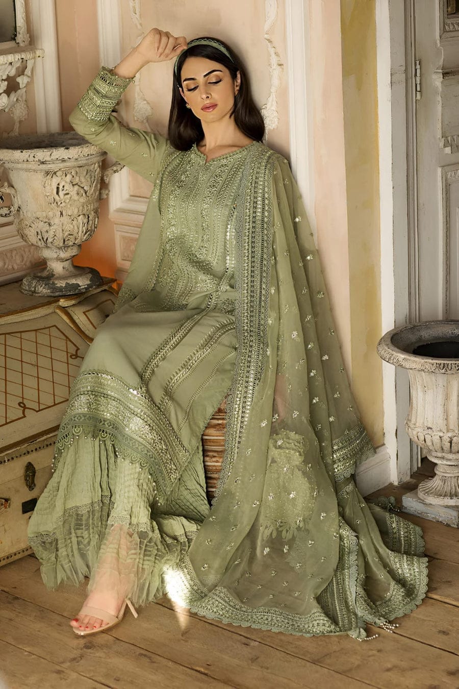 SP-SN60 3Pc Sequence Embroidered Lawn Suit With Sequence Embroidered Organza Dupatta - Shaa Posh
