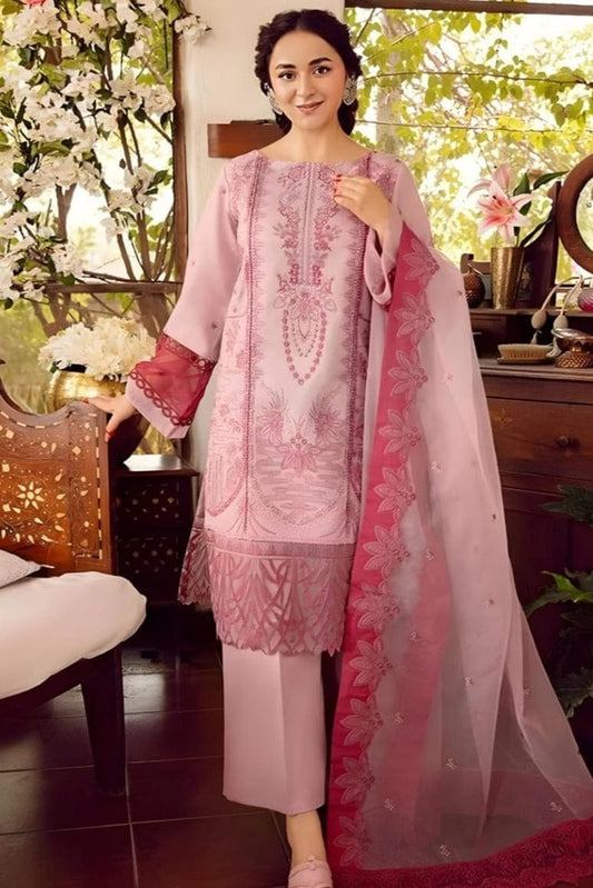 SP-RA46 Embroidered Unstitched Lawn 3Pc Suit With Organza Embroidered Dupatta - Shaa Posh
