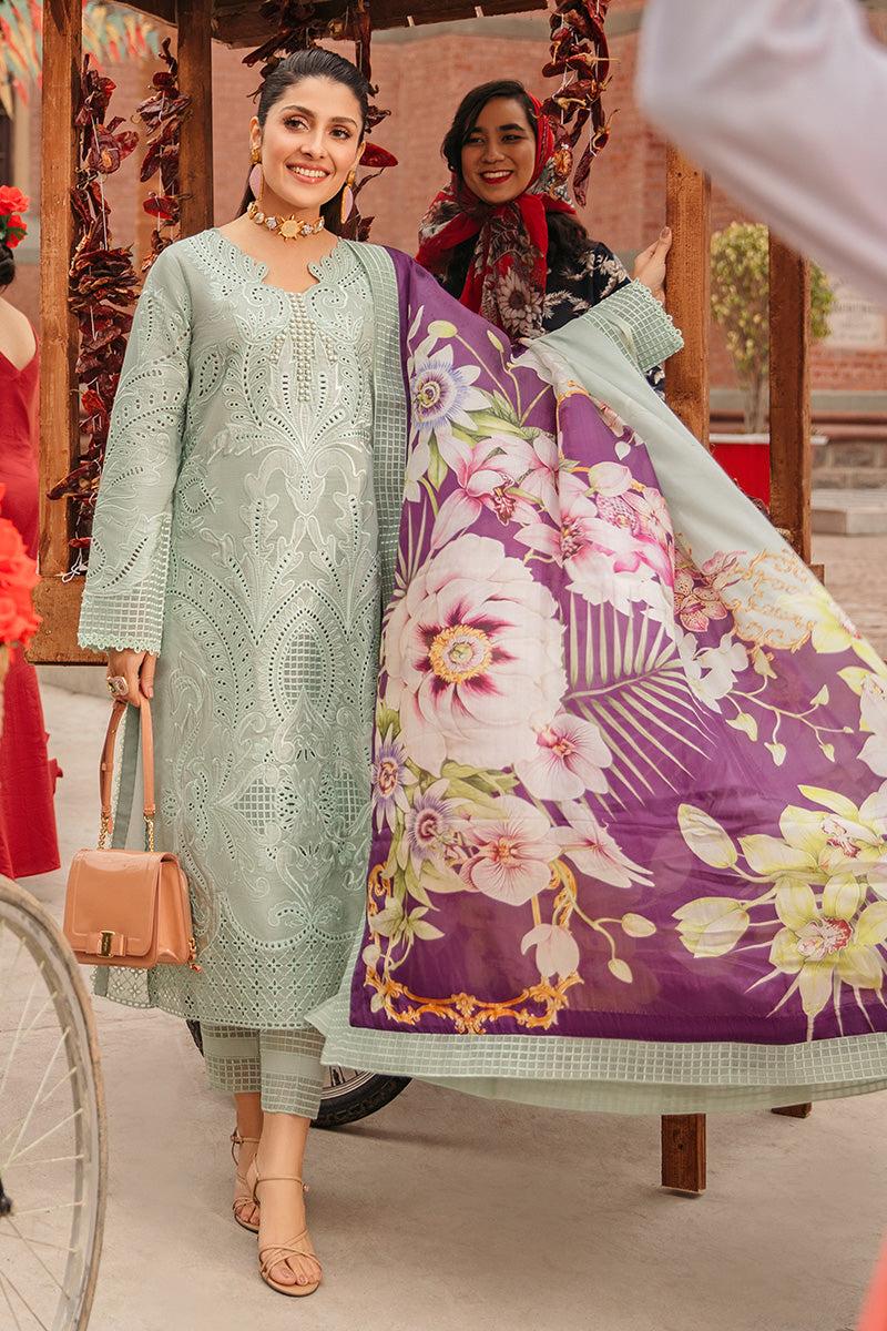 SP-MS42 Embroidered Chikenkari Unstitched Lawn 3pc Suit With Silk Printed Dupatta - Shaa Posh