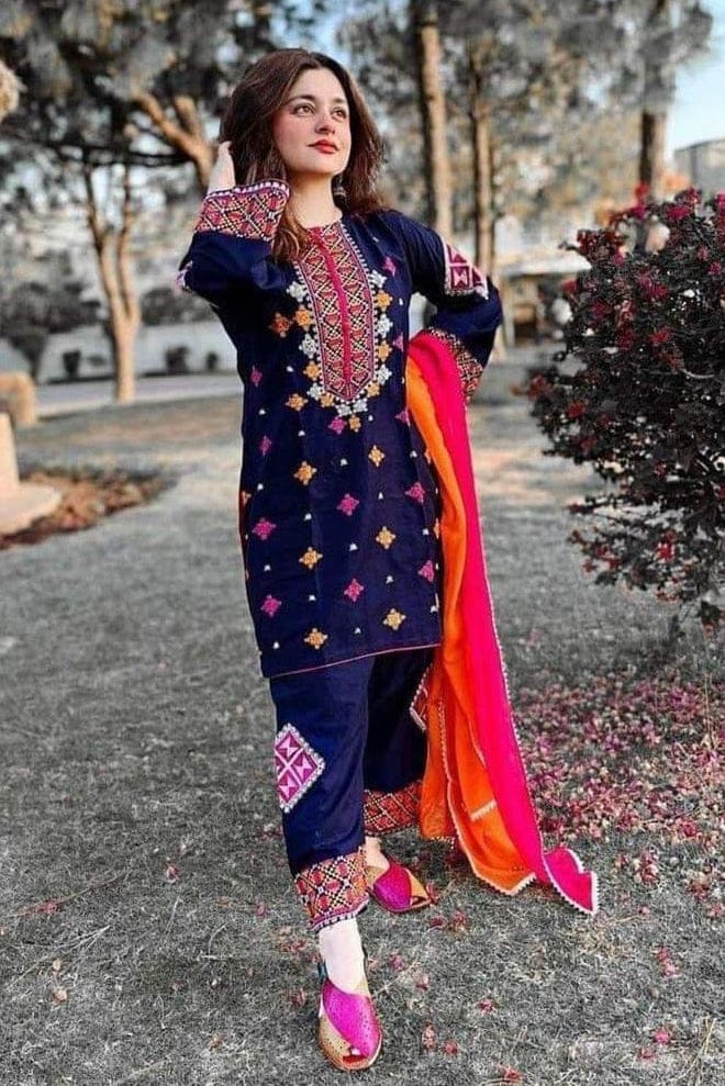 SP-BR1275 Lawn Unstitched Embroidered 3pc Suit With Embroidered Chiffon Dupatta - Shaa Posh