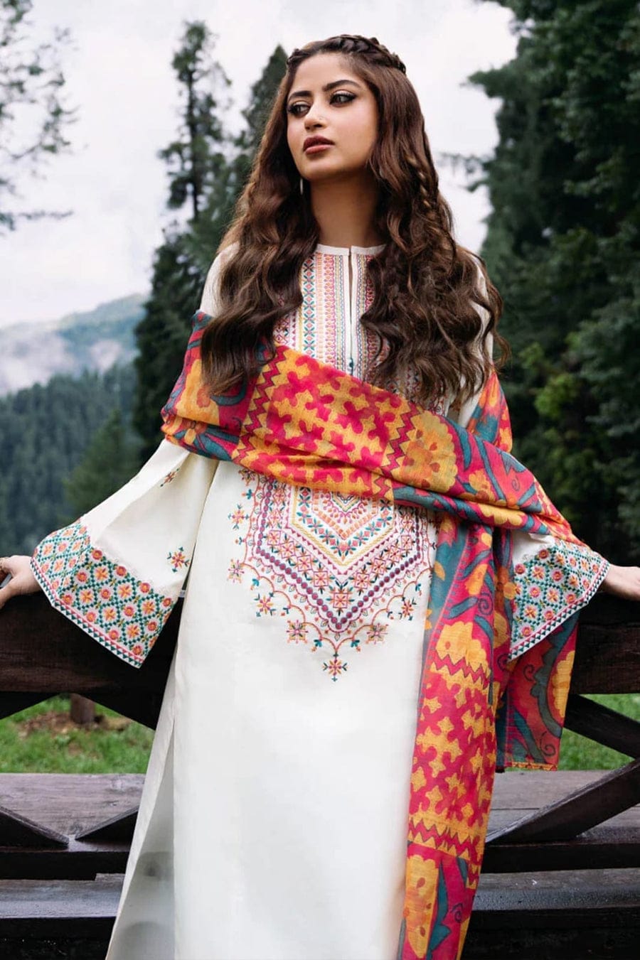 SP-SP2575 Unstitched Fully Embroidered Lawn Suit With Digital Printed Monar Dupatta - Shaa Posh