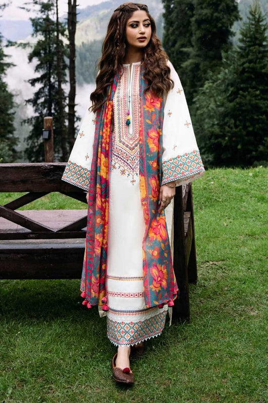 SP-SP2575 Unstitched Fully Embroidered Lawn Suit With Digital Printed Monar Dupatta - Shaa Posh