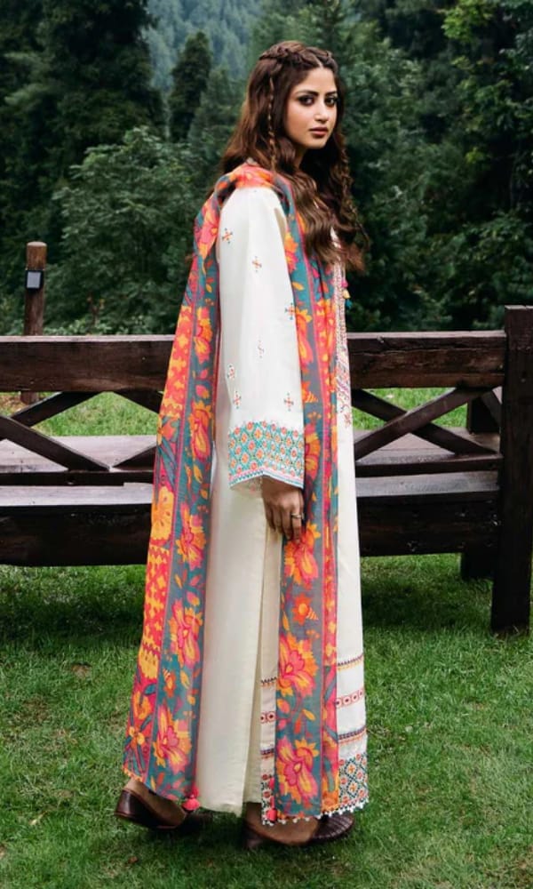 SP-SP2575 Unstitched Fully Embroidered Lawn Suit With Digital Printed Monar Dupatta - Shaa Posh