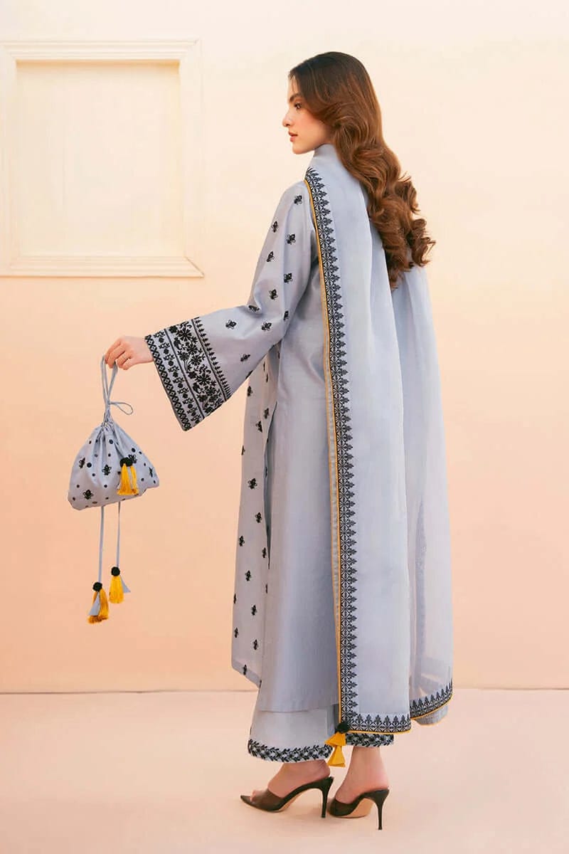 Unstitched Shaa Posh 3pc lawn suit featuring intricate embroidery and an organza embroidered dupatta.