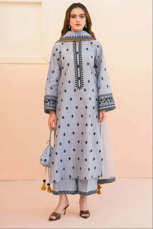 Unstitched embroidered lawn 3pc suit with organza dupatta by Shaa Posh, showcasing intricate designs and vibrant colors.