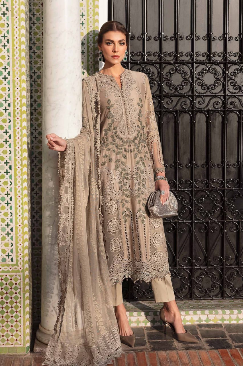 Shaa Posh SP-MB2665 lawn unstitched Chiken Kari 3pc suit with embroidered organza dupatta displayed on a textured background.