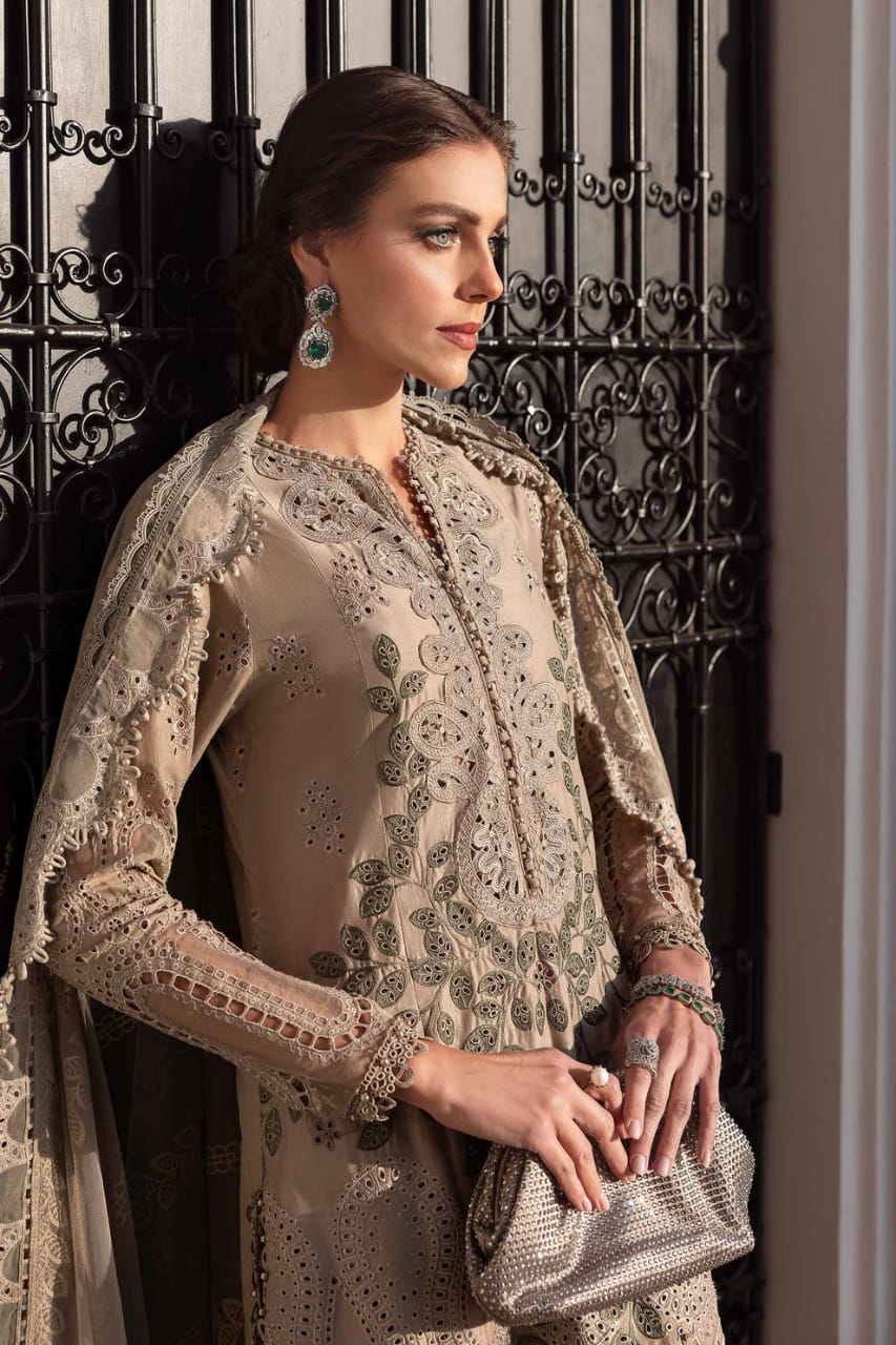 Shaa Posh unstitched Chiken Kari 3pc suit with embroidered organza dupatta displayed on a neutral background.