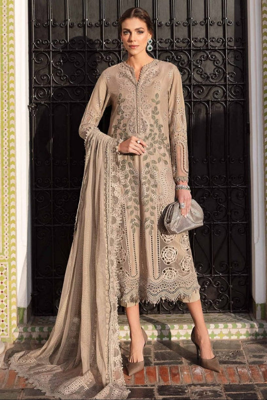 Shaa Posh unstitched 3pc Lawn Chiken Kari suit with organza embroidered dupatta displayed on a neutral background.