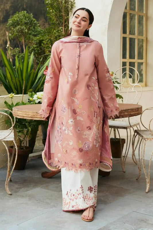 Embroidered 3-piece lawn suit with cotton lawn printed dupatta by Shaa Posh, featuring intricate embroidery and vibrant digital prints.