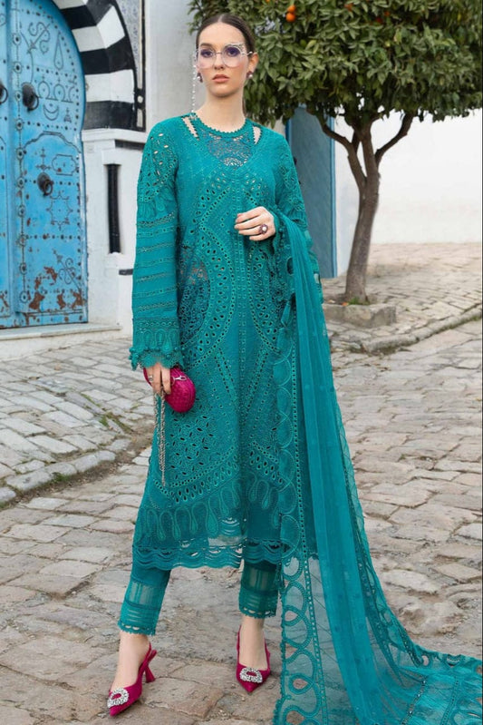 Embroidered unstitched lawn 3-piece suit by Shaa Posh with matching chiffon embroidered dupatta and Bamber fabric accents.
