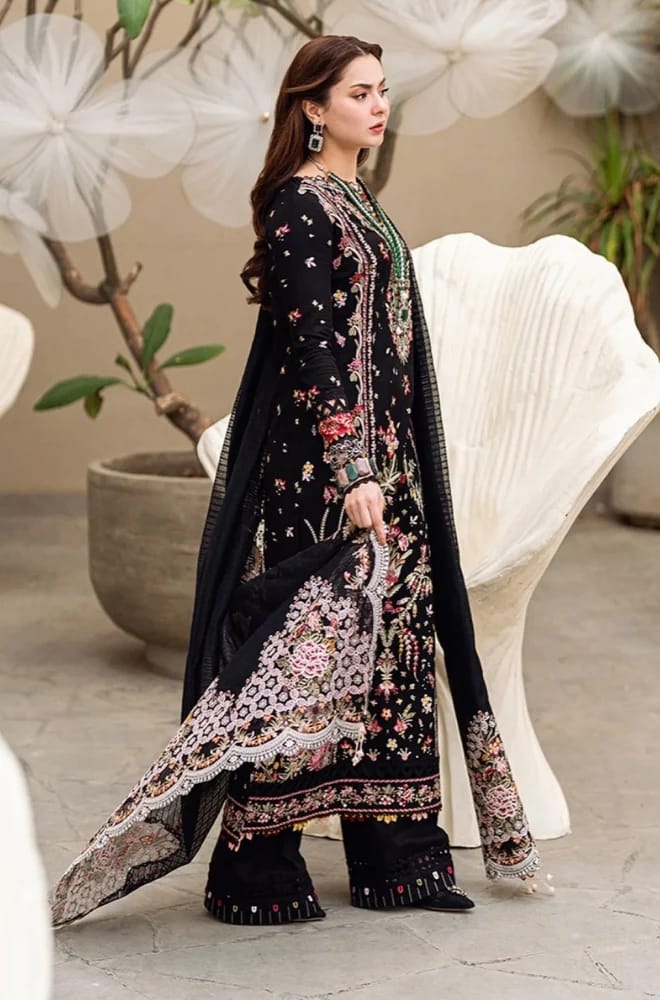Unstitched Shaa Posh SR-QL2655 heavy embroidered lawn suit with matching bamber chiffon embroidered dupatta, detailed floral embroidery.