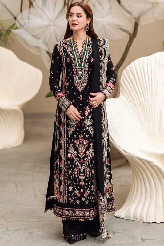 Unstitched heavy embroidered lawn suit by Shaa Posh with matching bamber chiffon embroidered dupatta displayed on a hanger.