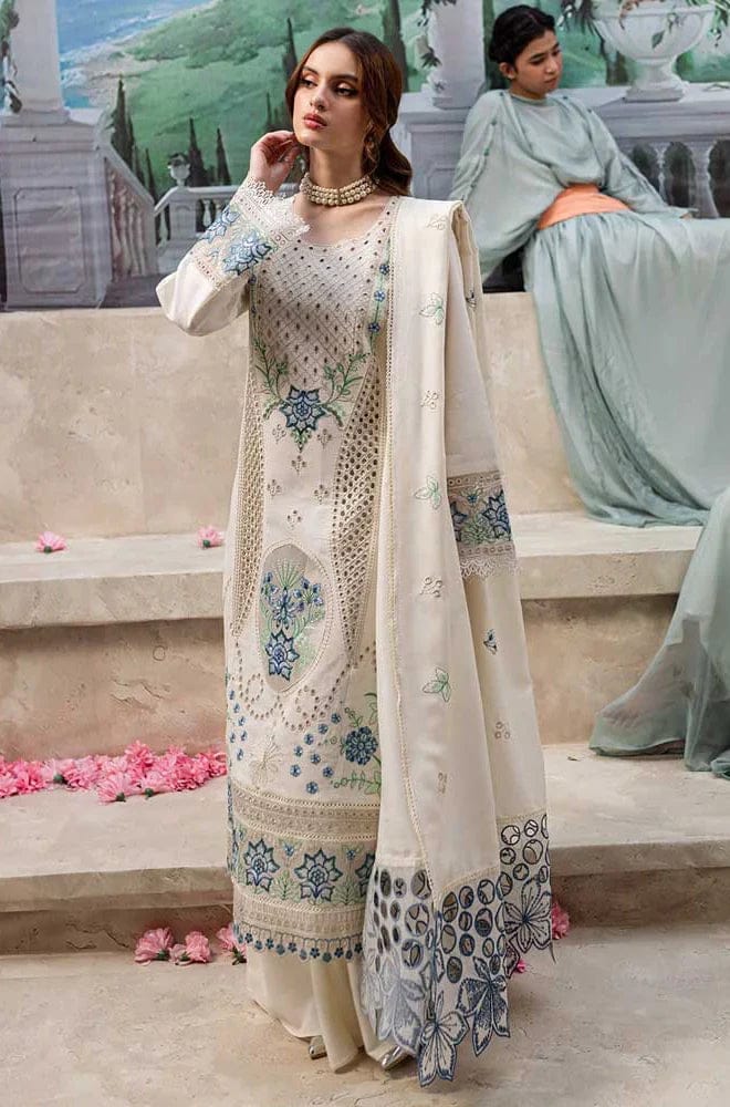 Embroidered 3-piece lawn suit with dupatta by Shaa Posh, featuring intricate embroidery on the unstitched fabric and matching dupatta.