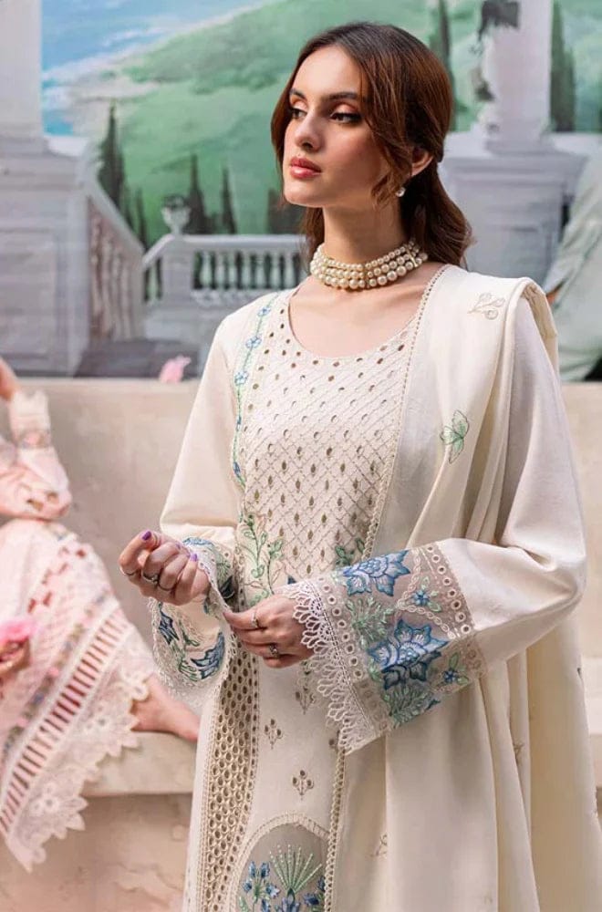 Embroidered 3-piece lawn suit with dupatta by Shaa Posh, featuring intricate embroidery on the unstitched fabric and matching dupatta.