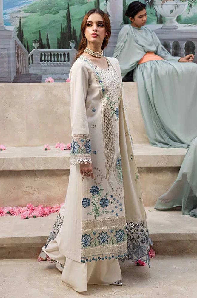 Embroidered 3-piece lawn suit by Shaa Posh featuring detailed embroidery on the shirt, matching embroidered dupatta and lawn fabric.