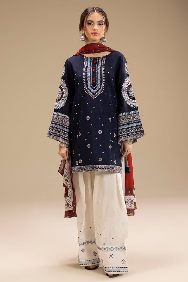 Unstitched Shaa Posh embroidered lawn suit with digital printed monar dupatta, featuring intricate embroidery and vibrant fabric.