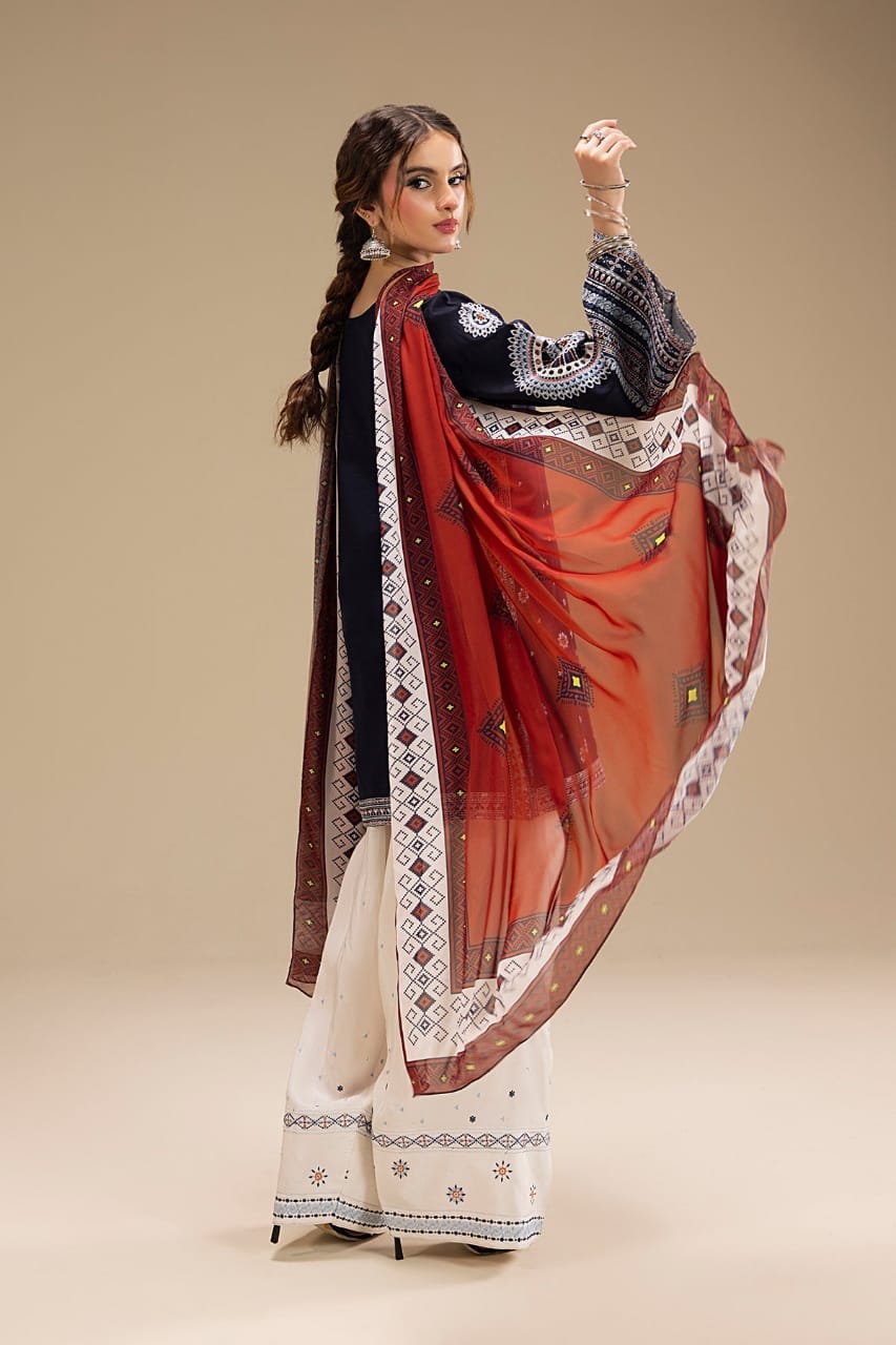 Unstitched Shaa Posh fully embroidered lawn suit with digital printed Monar dupatta displayed in a detailed image.