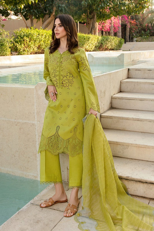 Unstitched lawn Chikenkari 3-piece suit by Shaa Posh with embroidered cotton net dupatta and matching fabric for customization.