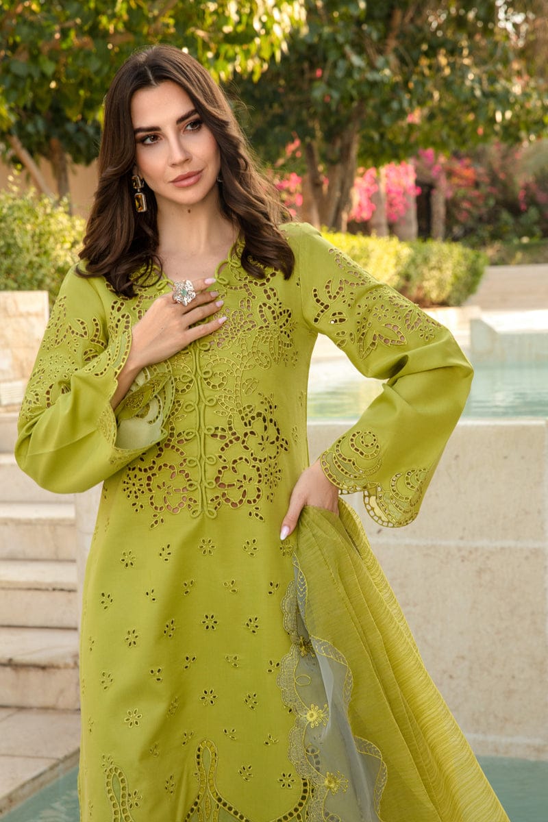 Unstitched lawn Chikenkari 3-piece suit with embroidered cotton net dupatta by Shaa Posh, showcasing intricate embroidery and fabric details.