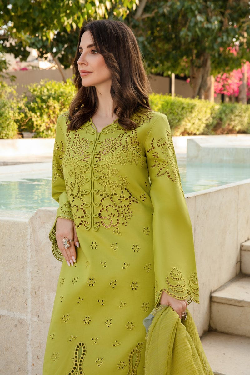 Unstitched lawn chikenkari 3-piece suit by Shaa Posh with embroidered cotton net dupatta, displayed on a hanger.