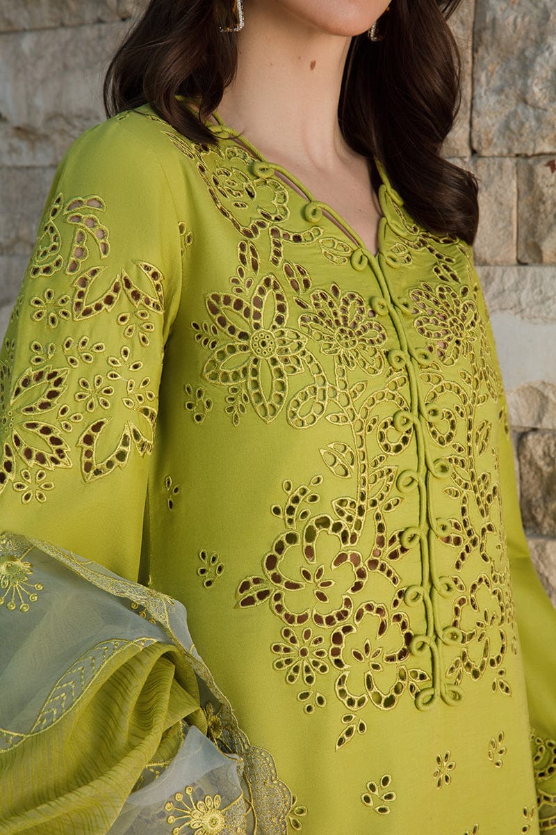 Unstitched lawn chikenkari 3-piece suit set by Shaa Posh with embroidered cotton net dupatta, detailed fabric and design.