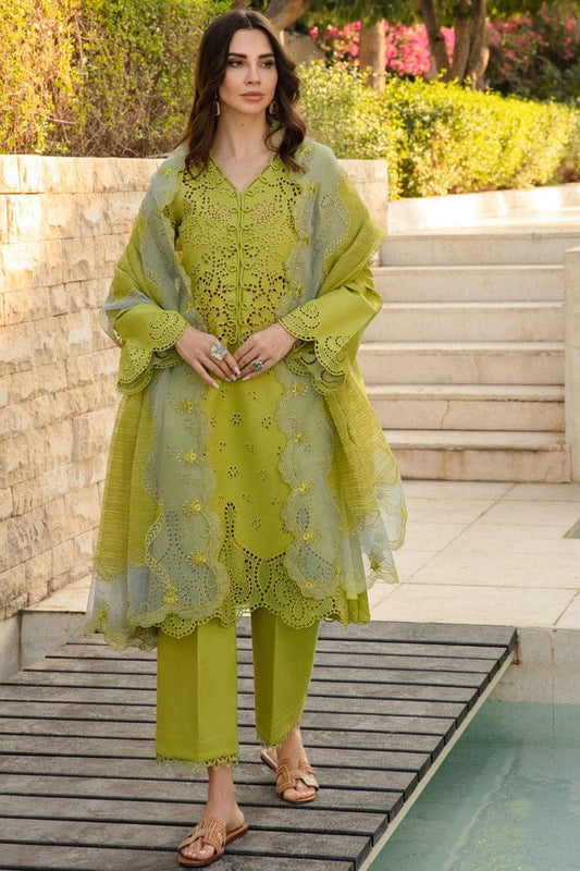 Lawn unstitched Chikenkari 3-piece suit by Shaa Posh with embroidered cotton net dupatta, displayed on a flat surface.