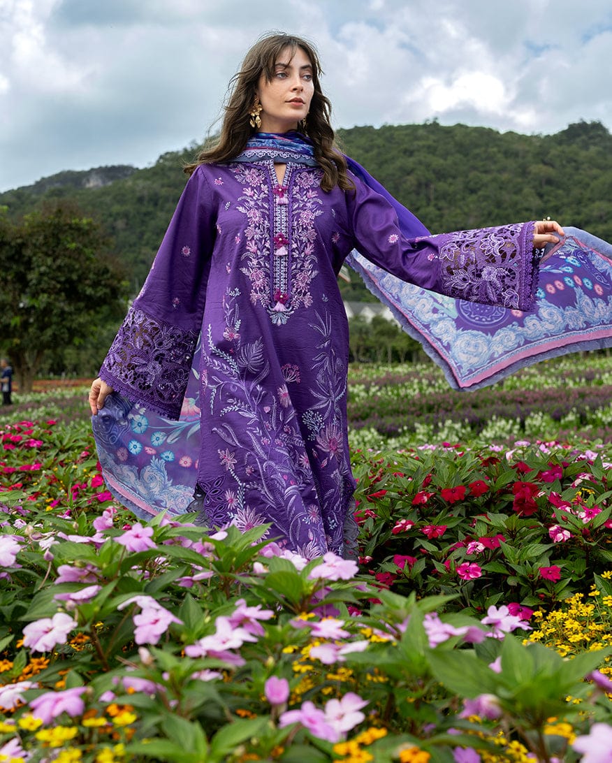 Embroidered lawn unstitched 3-piece suit by Shaa Posh with digital printed dupatta, featuring floral embroidery and vibrant colors.