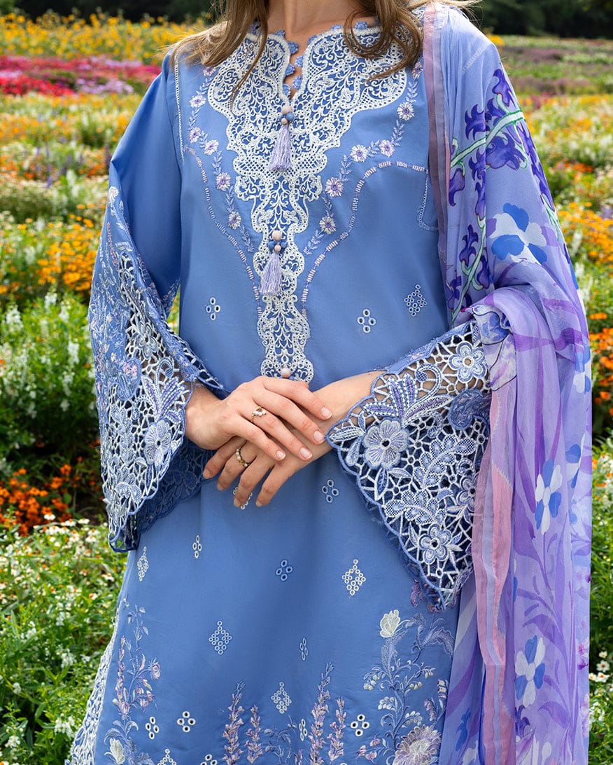 Embroidered three-piece lawn suit by Shaa Posh featuring intricate embroidery and a digitally printed monar dupatta.
