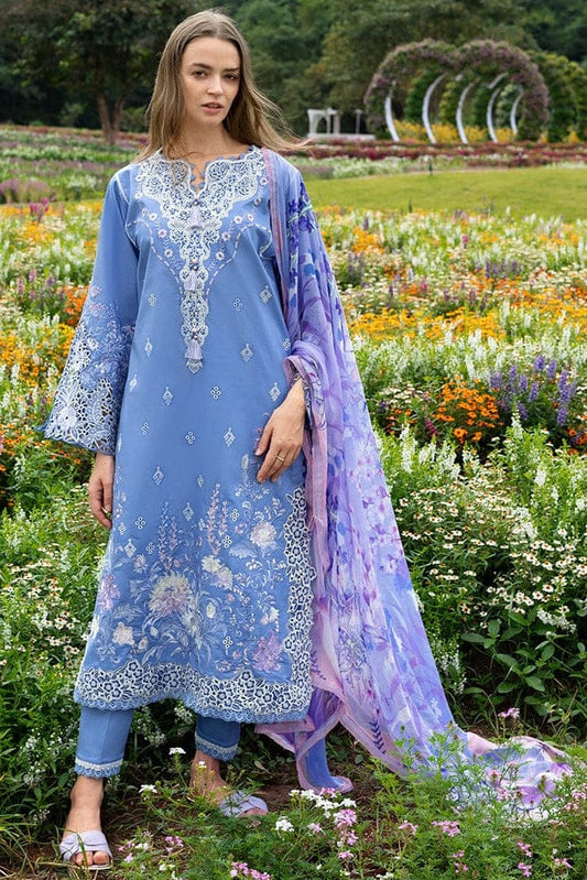 Unstitched 3-piece embroidered lawn suit with digital printed dupatta by Shaa Posh, featuring intricate embroidery and vibrant fabric.