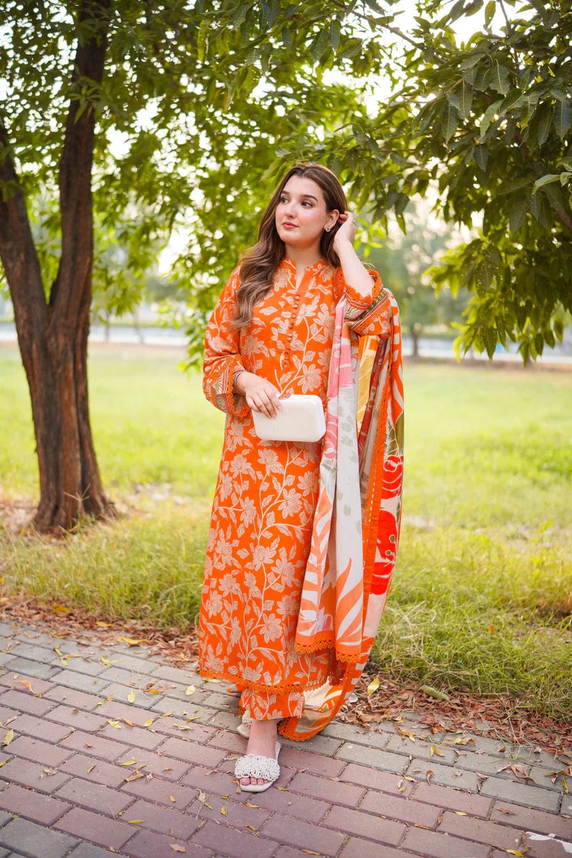 Unstitched printed lawn 3-piece suit by Shaa Posh with chiffon dupatta, featuring colorful floral and geometric patterns.