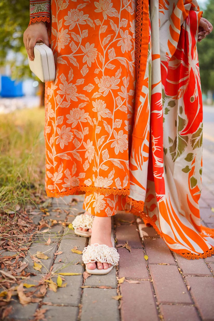 Unstitched printed lawn 3-piece suit with chiffon dupatta by Shaa Posh, showcasing colorful floral fabric and elegant design.