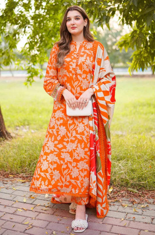 Unstitched printed lawn suit by Shaa Posh with matching chiffon dupatta, featuring colorful floral and geometric patterns.