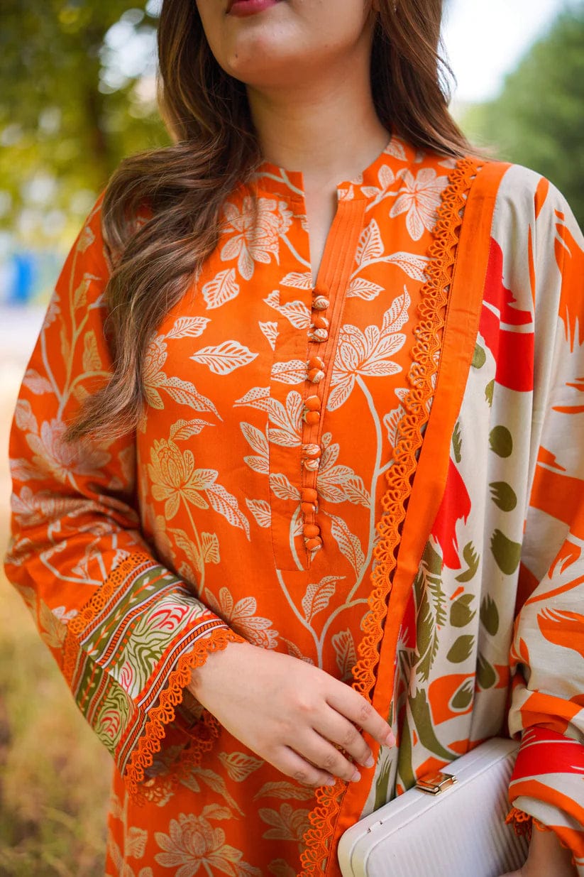 Unstitched printed lawn 3-piece suit by Shaa Posh with chiffon dupatta, featuring vibrant floral design and lightweight fabric.