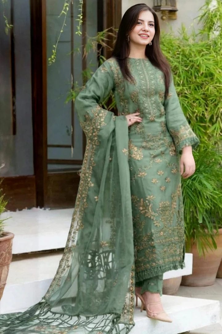 Sage green unstitched lawn suit with embroidered fabric, includes dupatta and three pieces, by Shaa Posh.