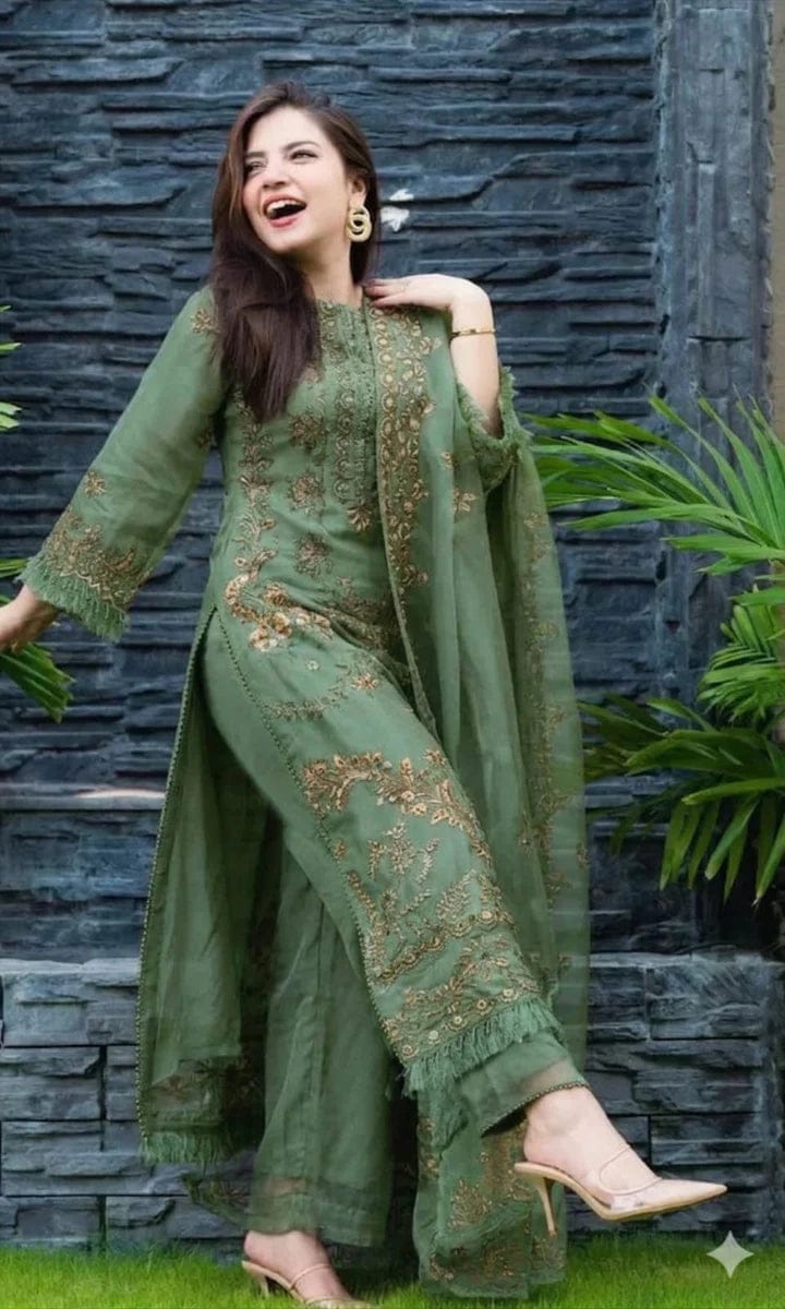 Shaa Posh SP-1100 sage green unstitched lawn embroidery 3-piece suit with organza embroidered dupatta displayed on a flat surface.