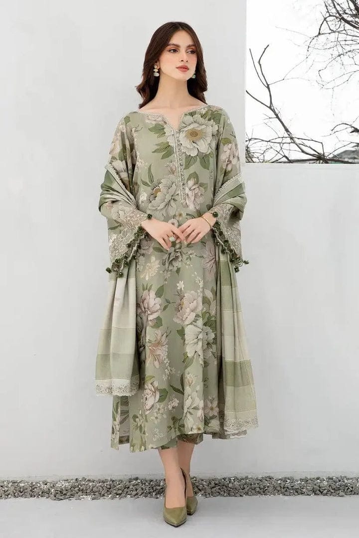 Unstitched digital lawn 3-piece suit with matching digital lawn dupatta by Shaa Posh, featuring vibrant fabric and intricate patterns.