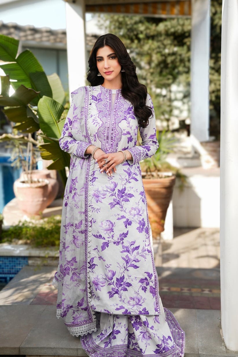 Unstitched digital lawn suit by Shaa Posh, featuring embroidered neck and sleeves, with a digital lawn 3-piece set and embroidered dupatta