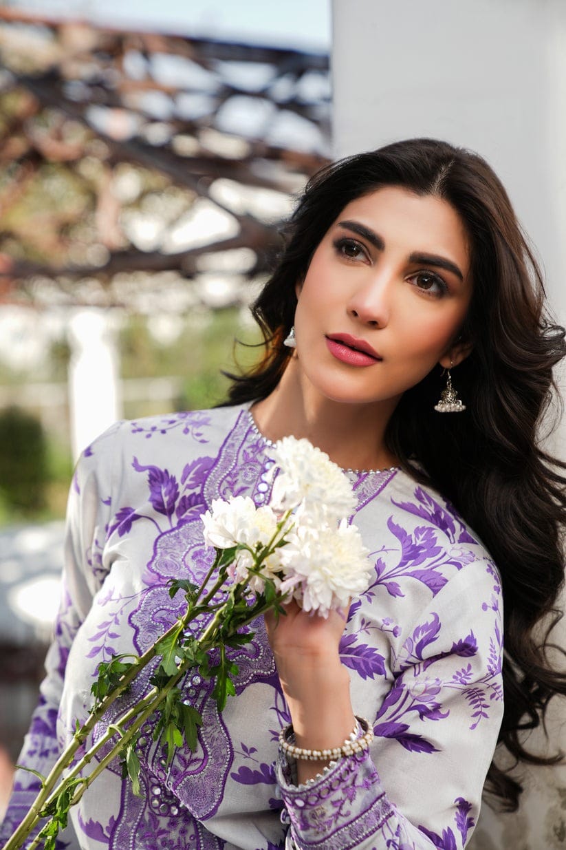 Sha Posh SP-120 unstitched digital lawn suit with embroidered neck, sleeves, and four-side embroidered dupatta, displayed on a hanger.