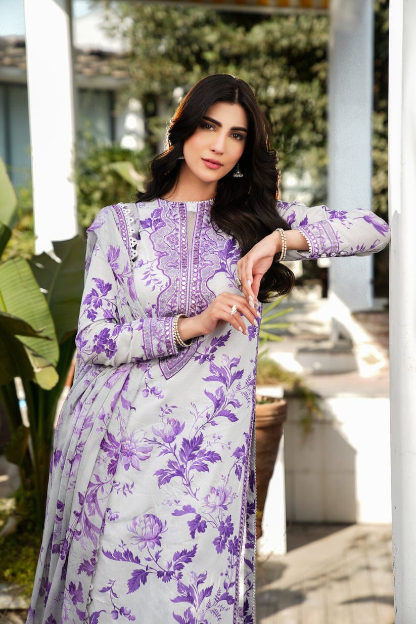 Unstitched digital lawn suit by Shaa Posh featuring embroidered neck, sleeves, and a four-side embroidered dupatta with vibrant design.