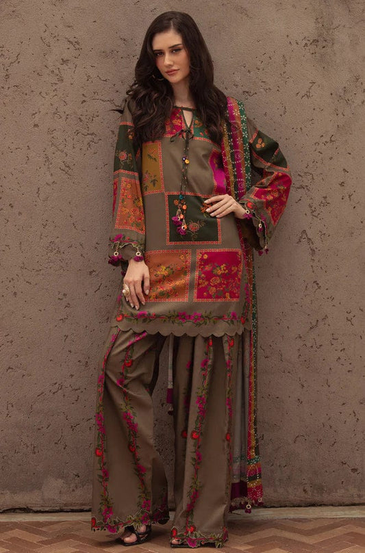 Unstitched Shaa Posh digital lawn 3-piece suit with matching digital lawn dupatta, featuring vibrant floral and geometric patterns.