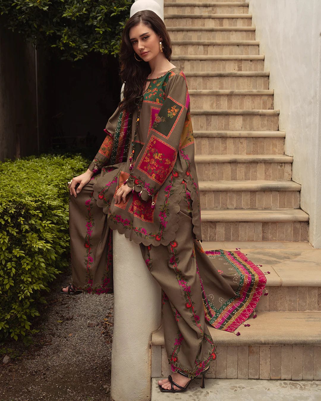 Unstitched digital lawn 3-piece suit with matching digital lawn dupatta by Shaa Posh, featuring vibrant floral patterns and intricate designs.