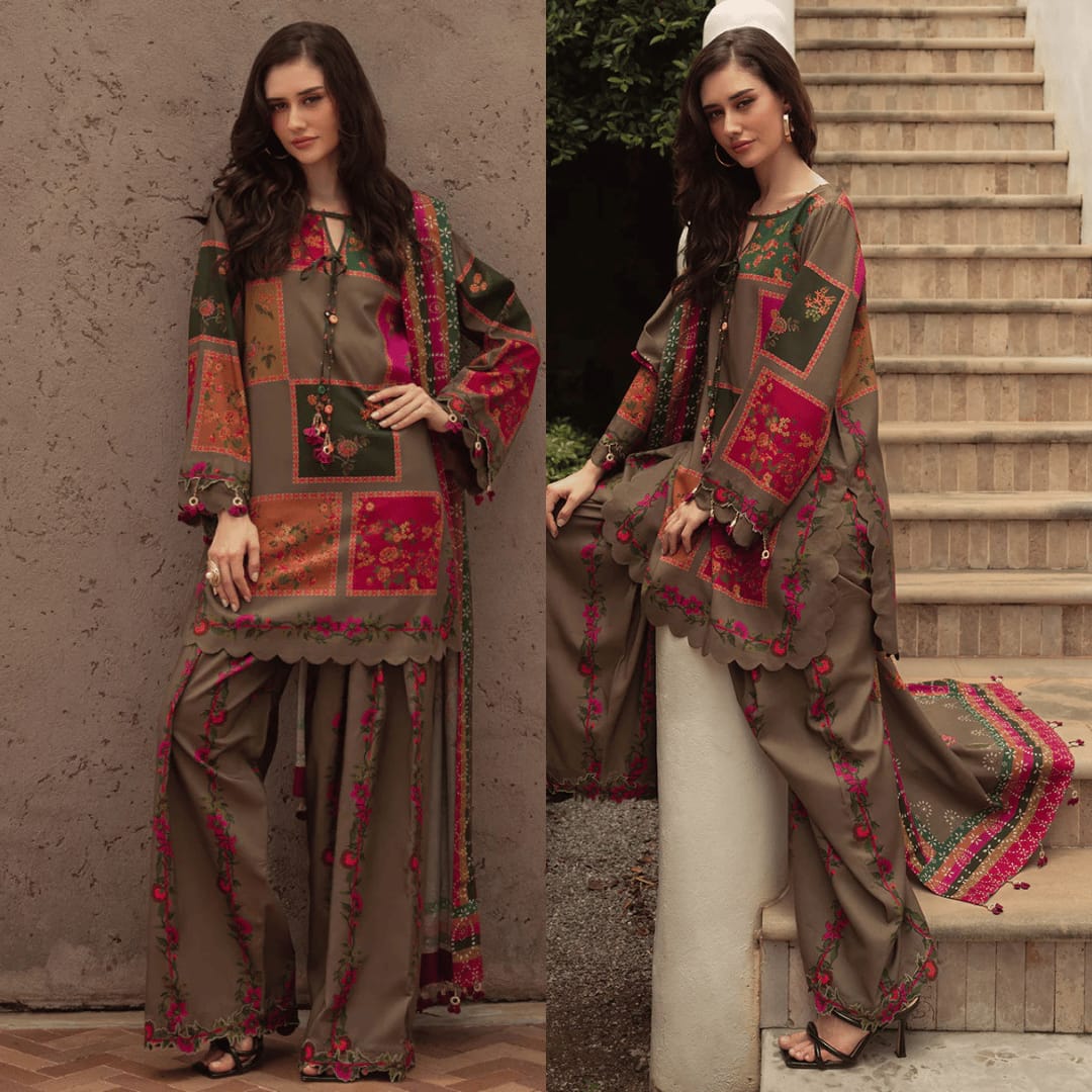 Shaa Posh SP-2200 unstitched digital lawn 3-piece suit with matching digital lawn dupatta, featuring vibrant printed fabric and intricate design.