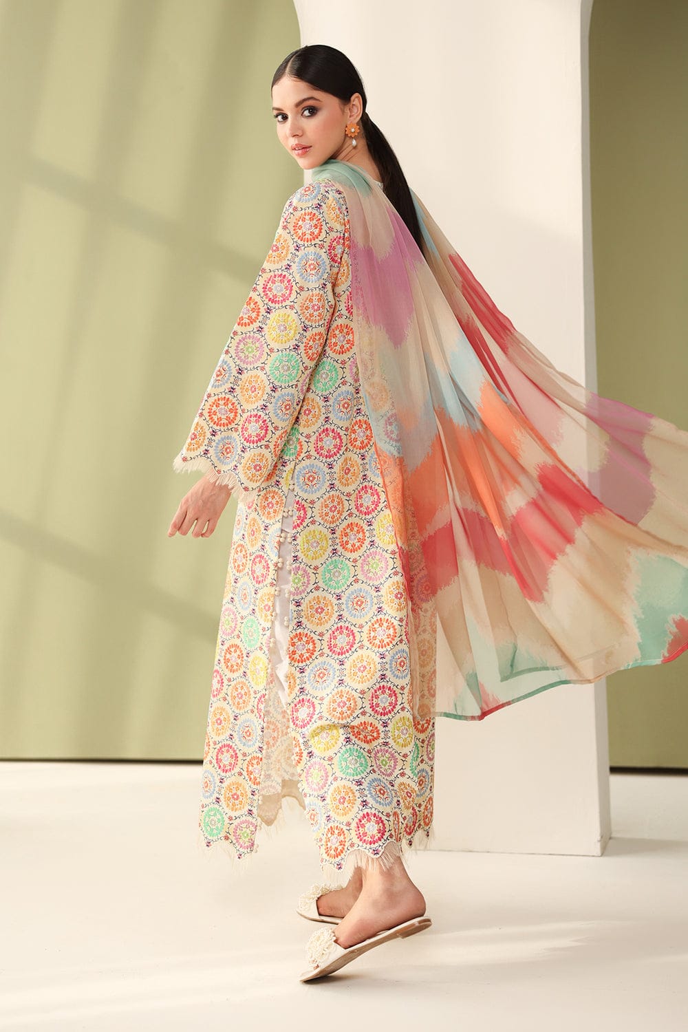 Unstitched digital lawn 3-piece suit from Shaa Posh with digital crinkle dupatta, featuring vibrant floral and geometric patterns.