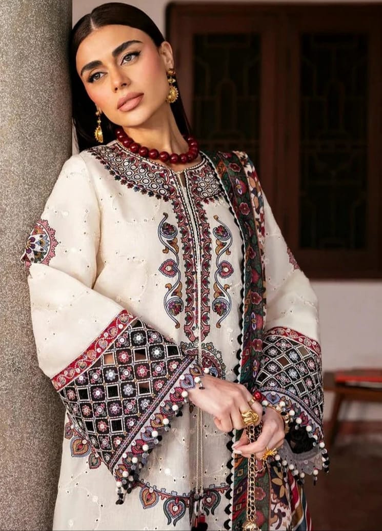 Unstitched lawn embroidery 3-piece suit with digital print dupatta from Shaa Posh, featuring intricate embroidery and vibrant fabric.