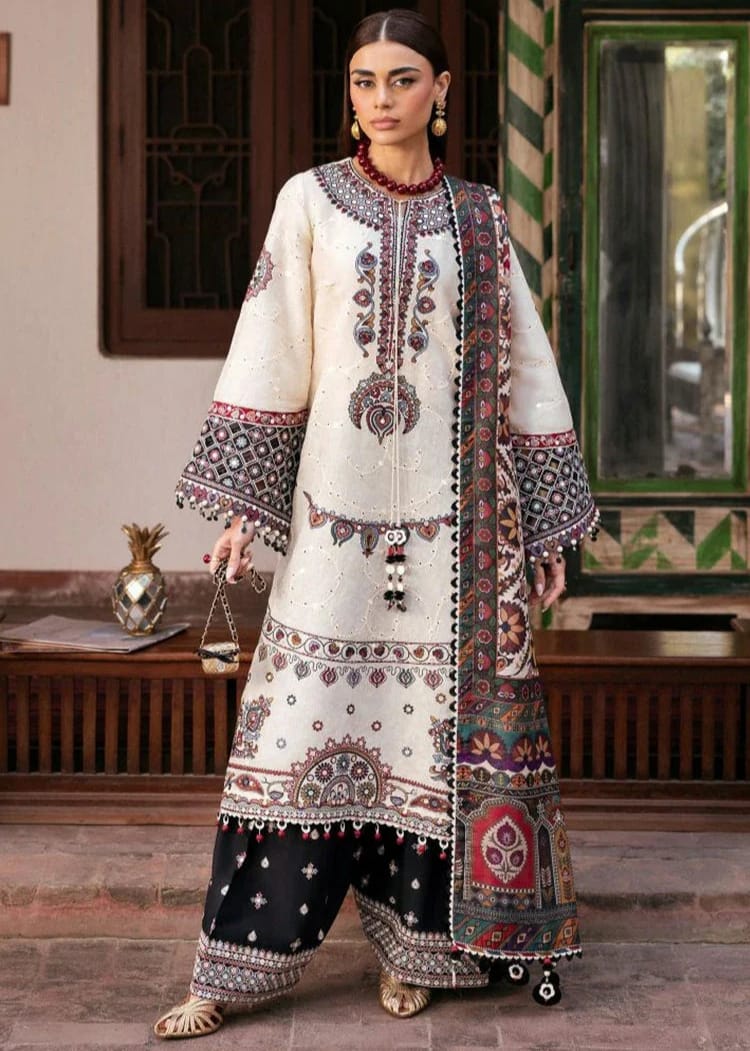 Unstitched Shaa Posh lawn embroidery 3-piece suit with digital print dupatta, featuring intricate embroidery and vibrant fabric.