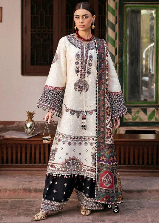 Unstitched Shaa Posh lawn embroidery 3-piece suit with digital print dupatta, featuring intricate embroidery and vibrant fabric.