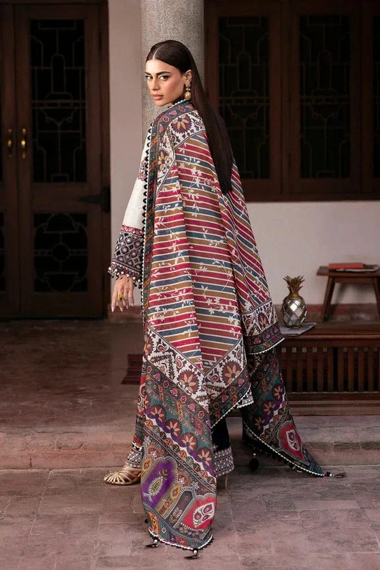 Unstitched Shaa Posh lawn embroidered 3-piece suit with digital print dupatta, featuring intricate embroidery and vibrant fabric.