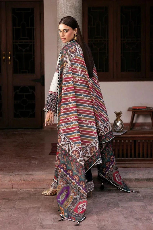 Unstitched Shaa Posh lawn embroidered 3-piece suit with digital print dupatta, featuring intricate embroidery and vibrant fabric.
