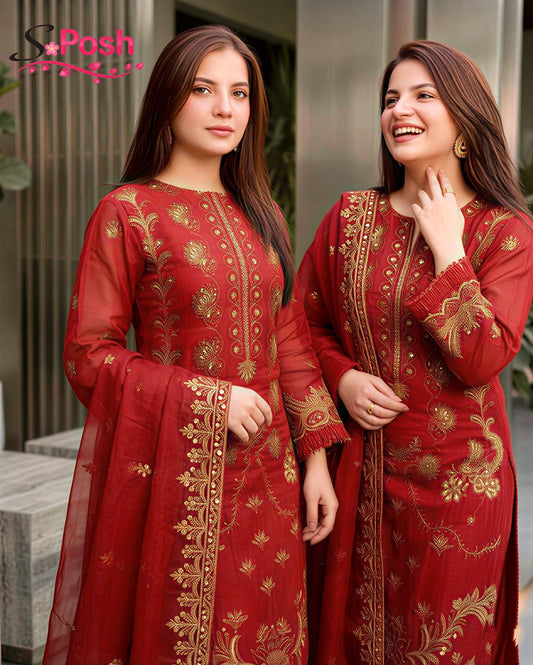 Unstitched Shaa Posh lawn embroidered 3-piece suit with organza embroidered dupatta, featuring detailed floral embroidery and vibrant fabric